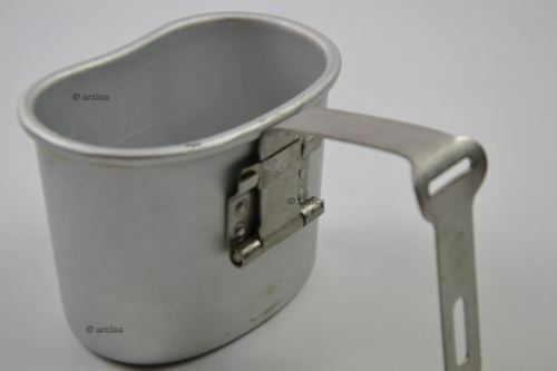 Original Belgian army aluminum canteen cup mug with foldable handle, military field drinking vessel.