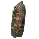 Side view of Original Belgian Army field combat shirt in jigsaw camouflage pattern with ripstop fabric and long sleeves