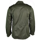 Back view of original Belgian Army olive green field jacket with epaulets and buttoned cuffs.
