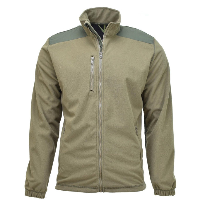 Chaqueta polar militar belga de color verde oliva con cremallera completa, bolsillo en el pecho y paneles softshell resistentes al viento en los hombros.