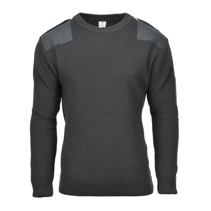 Jersey de lana militar belga original de color verde oscuro con parches reforzados en los hombros y diseño de cuello redondo