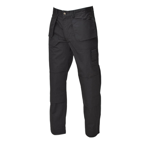 Black Belgian military work cargo pants with reinforced knees and multiple pockets, designed for durability and comfort.