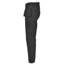 Black Belgian military cargo pants with reinforced knees and multiple pockets, designed for durability and comfort.