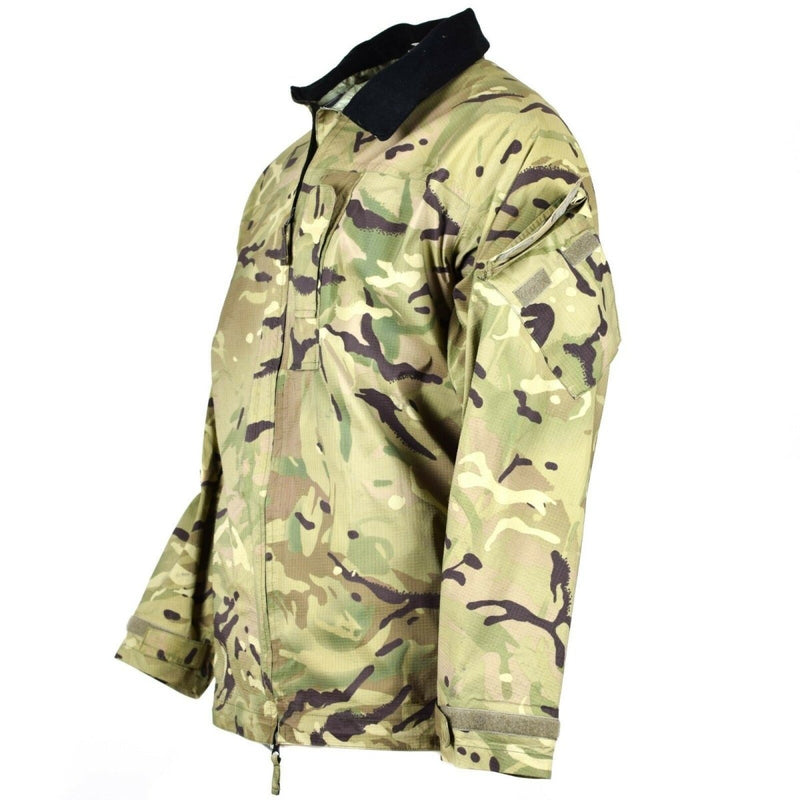 Original British Army MTP camo rain jacket made with waterproof Goretex and ripstop fabric, featuring arm pockets.