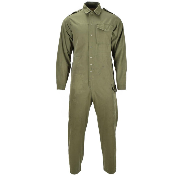Mono de mecánico original de color verde oliva del ejército británico con mangas largas y mono con cierre de botón frontal