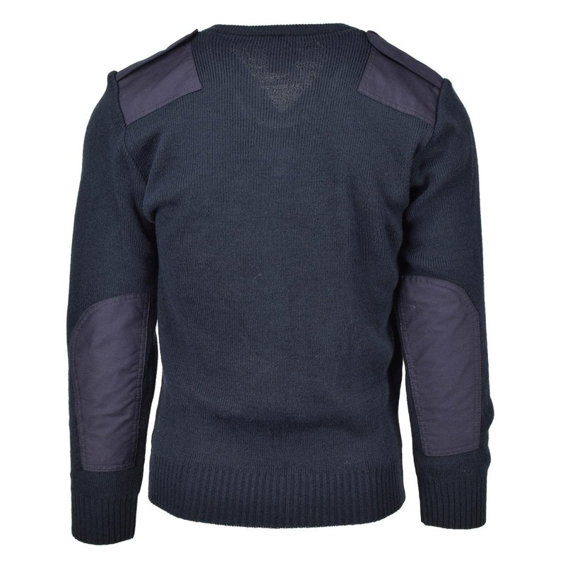 Back view of navy blue British ex-police Commando Jumper with shoulder epaulets and elbow patches in wool material