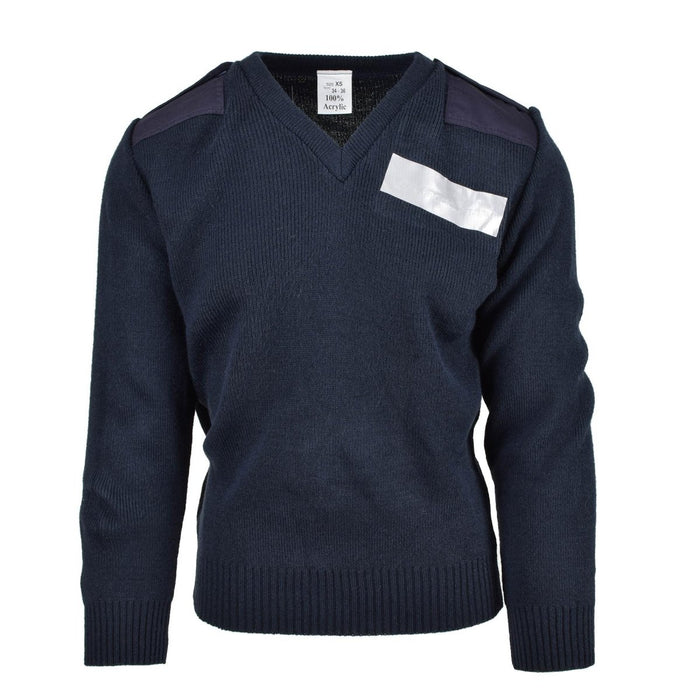 Jersey original de ex policía azul marino británico con cuello en V, charreteras en los hombros y bolsillo en el pecho, duradero y cálido.