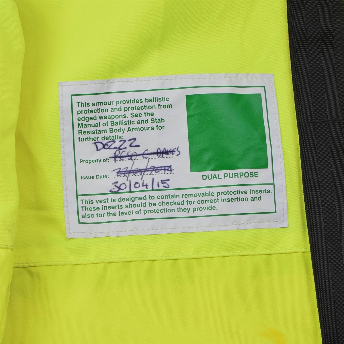 Chaleco antibalas original de la policía británica de doble propósito de alta visibilidad amarillo