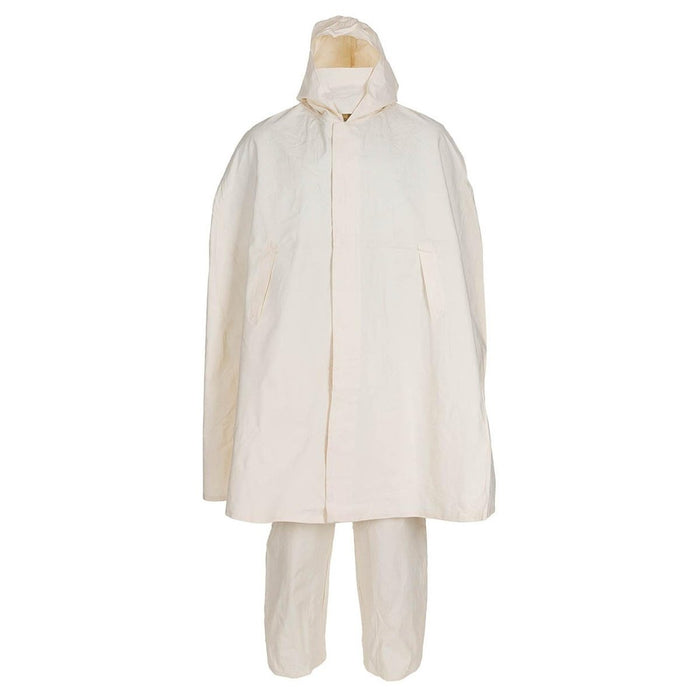 Conjunto de pantalones y poncho militar con capucha original de China en camuflaje blanco como la nieve para protegerse del frío invernal.