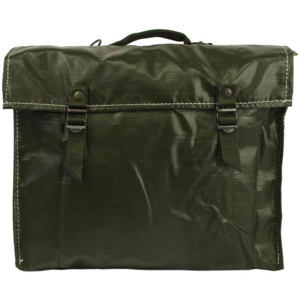 Original Czech army M85 olive drab vinyl military bread bag with shoulder strap, water-repellent and durable design.