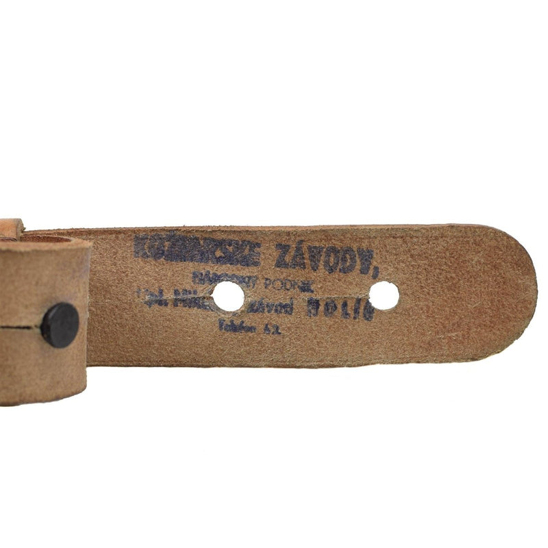 Close-up of leather reinforcement on Czech Army Y-Strap canvas suspenders with vintage markings visible
