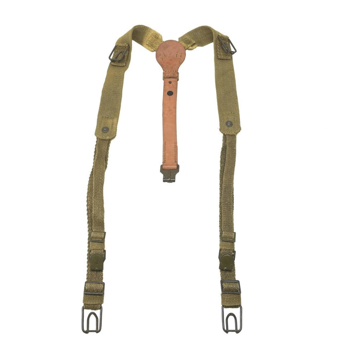 Tirantes Y-Strap originales del ejército checo hechos de lona verde oliva duradera con refuerzos de cuero para uso militar.
