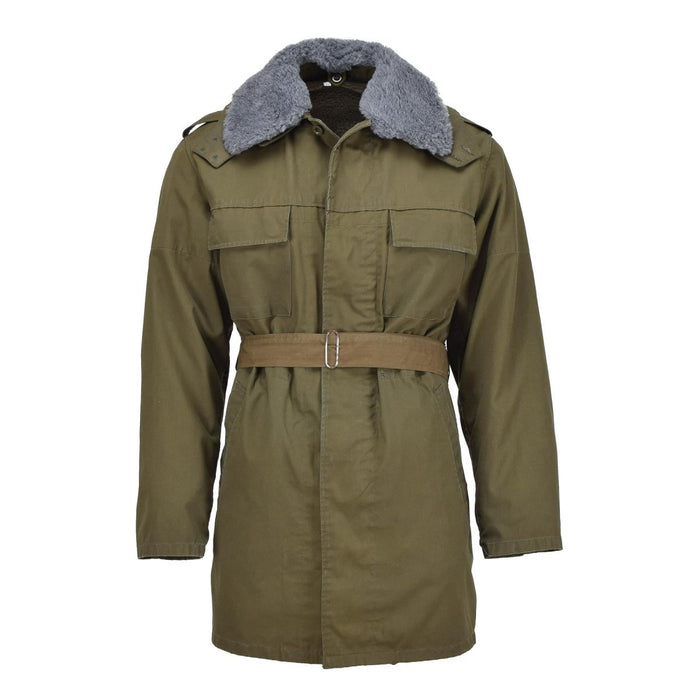 Parka militar checa original con cinturón y forro de piel sintética, chaqueta de invierno con capucha, color oliva - GoMilitar