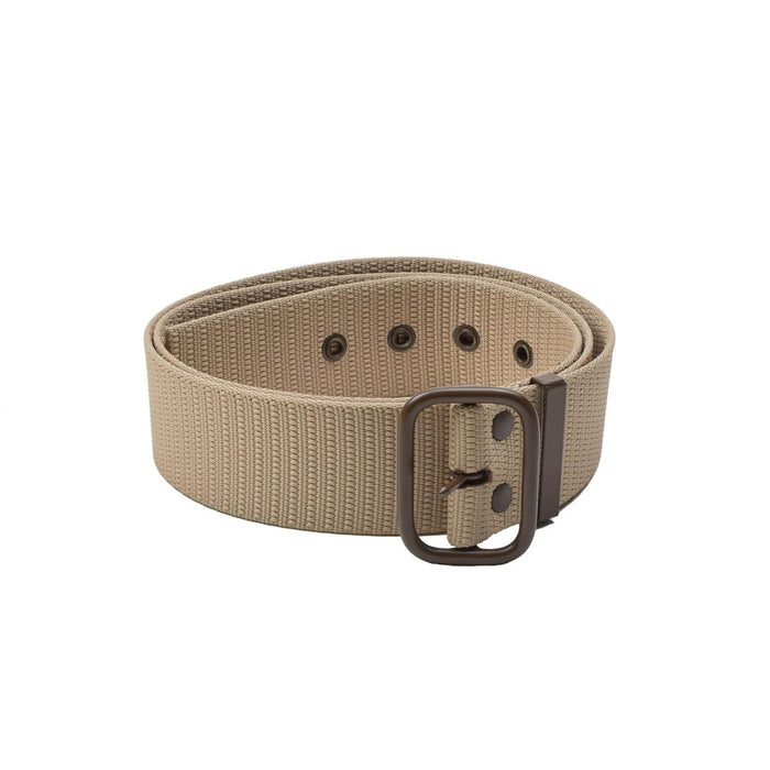 Cinturón táctico militar checo original de lona en color caqui con una hebilla de metal marrón duradera, diseñado para un uso rudo.