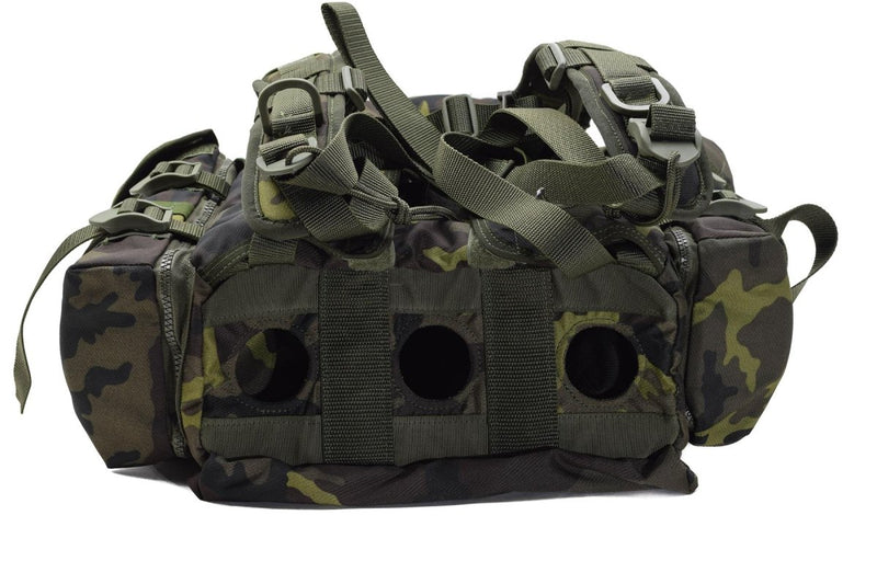 Original Czech military MOLLE backpack in woodland camo with quick release, multiple pockets, and adjustable straps.