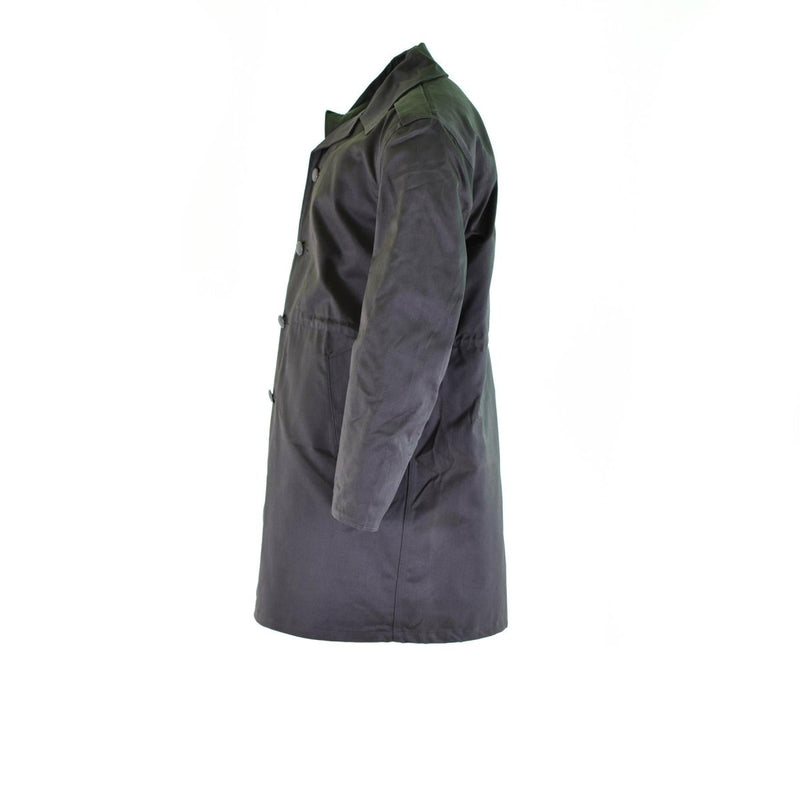 Side view of a vintage Danish army combat coat M71 made of thick cotton for cold weather military use
