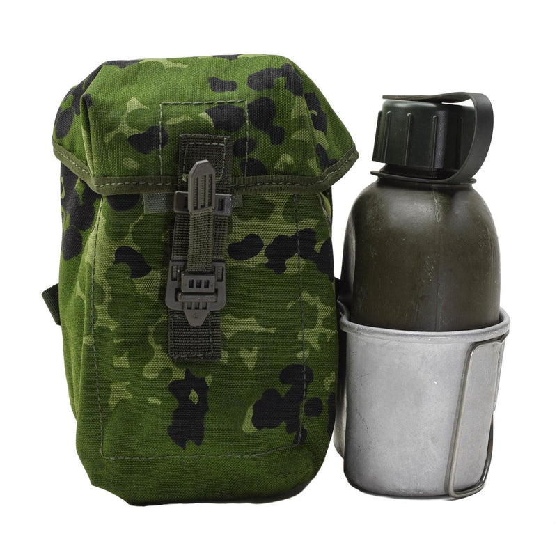 Original Danish military aluminum flask with M84 camouflage pouch and universal attachment for outdoor use