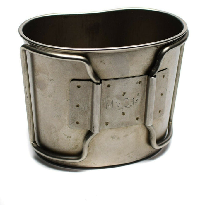 Auténtica taza de cantimplora de acero inoxidable del ejército holandés para uso en bushcraft, camping y ollas de cocina al aire libre.