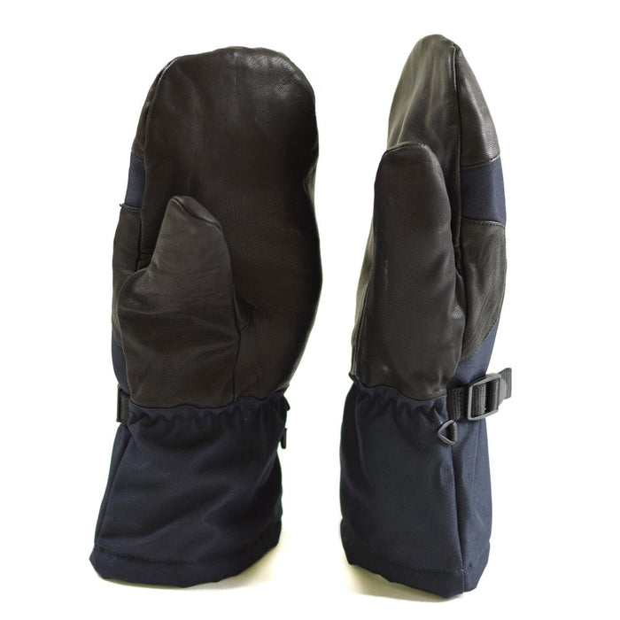 Manoplas originales del ejército holandés en color azul marino con empuñadura de cuero y muñeca ajustable, diseñadas para climas de frío extremo.
