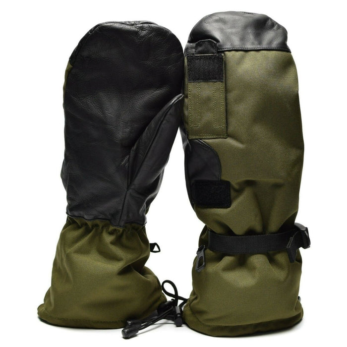 Manoplas de dedo en gatillo Gore-Tex de color verde oliva originales del ejército holandés con palmas de cuero y muñequeras ajustables para condiciones frías y húmedas.