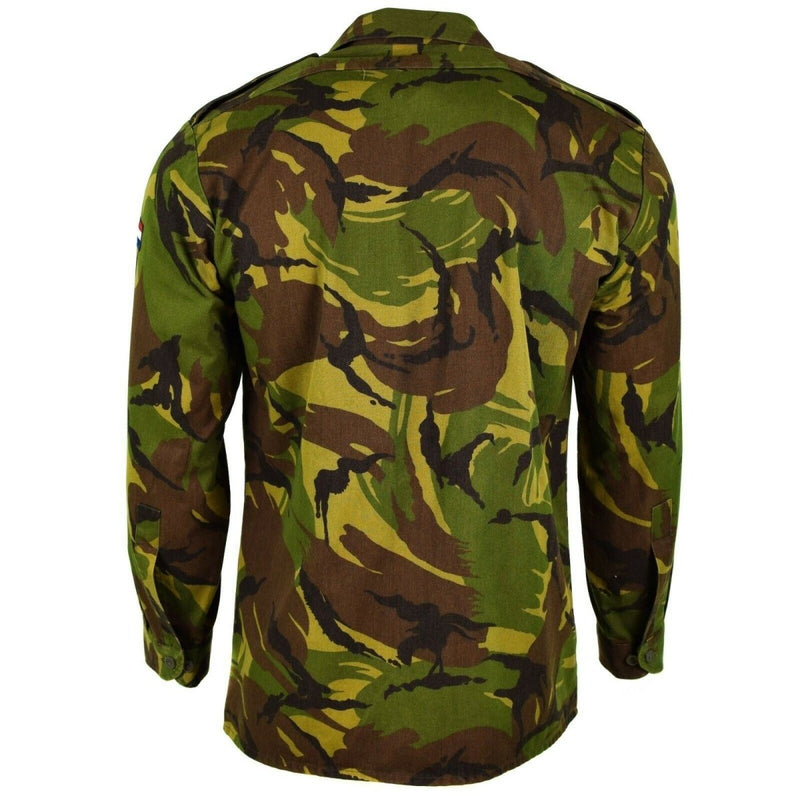 Back view of Original Dutch Army M65 woodland DPM camouflage combat shirt with long sleeves and collared neck
