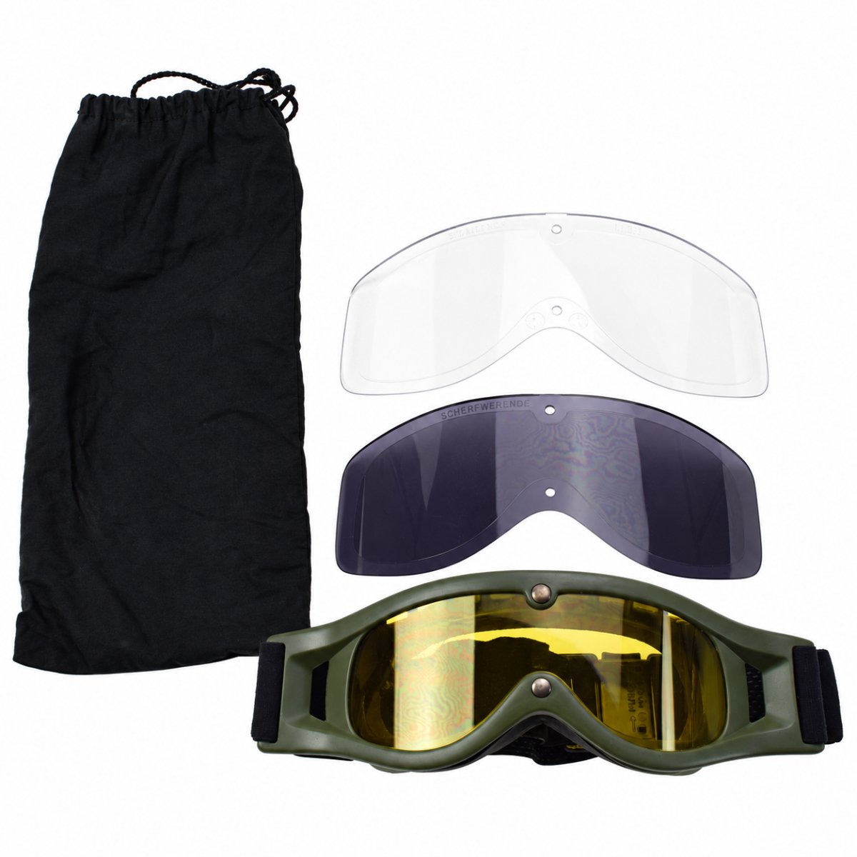 Gafas tácticas originales del ejército holandés 3 lentes Bolsa con correa ajustable Oliva