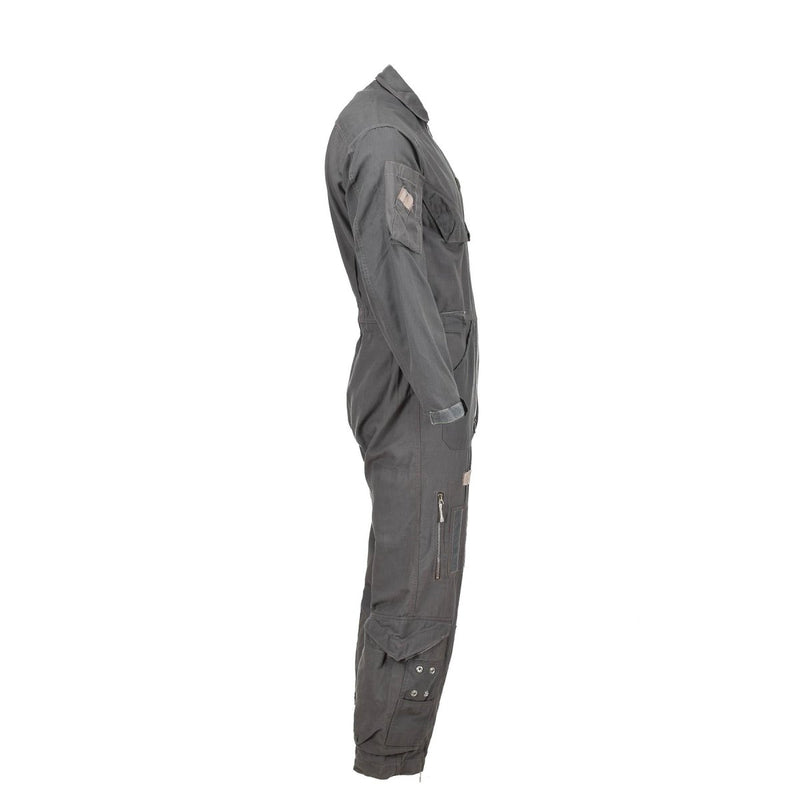 Side view of gray Dutch Military Air Forces Nomex coverall jumpsuit with multiple pockets and reinforced areas.