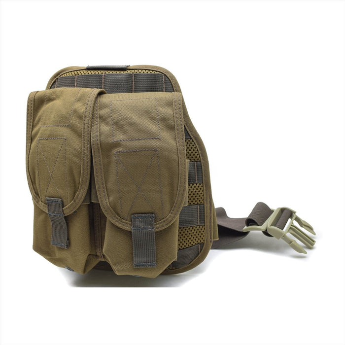 Original Dutch Military drop leg platform with two coyote nylon magazine pouches and adjustable strap for tactical use.