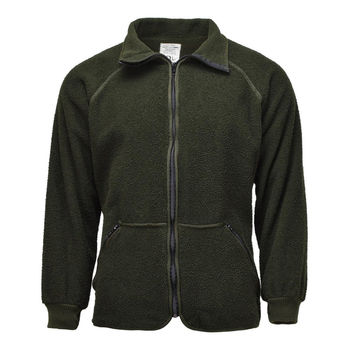 Chaqueta polar militar holandesa de color verde oliva con cremallera completa, cuello alto, puños elásticos y tejido térmico suave y cálido.