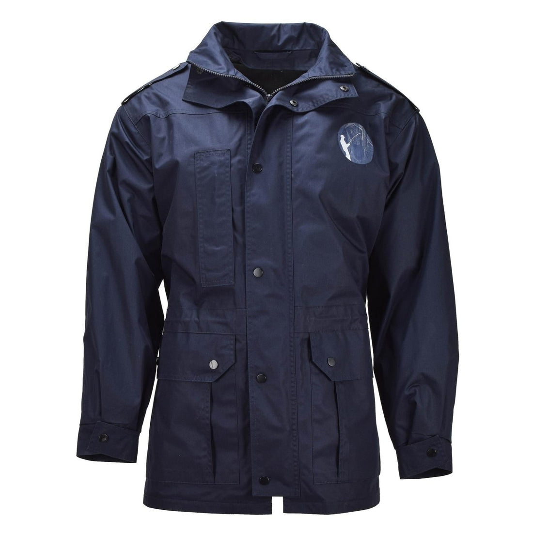 Parka militar holandesa original Múltiples bolsillos Cuello alto Logotipo de pescador Azul