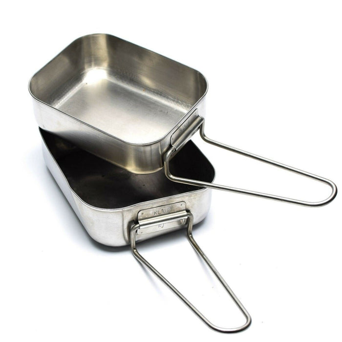 Original kit de lata militar holandesa de acero inoxidable de 2 piezas con asas plegables para cocinar y acampar al aire libre.