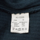 Clothing label showing size M and material composition of 50% acrylic and 50% merino wool in blue military sweater