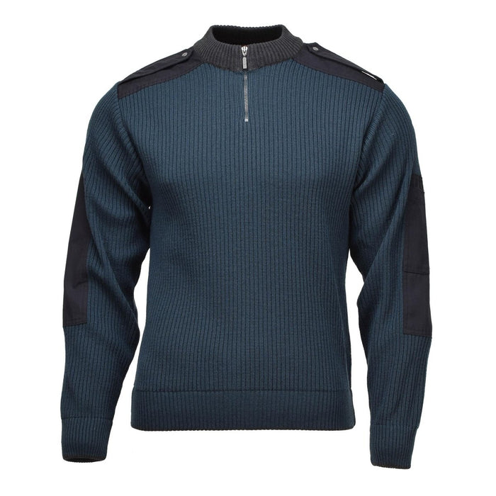 Jersey troyer de punto acanalado en mezcla de lana militar holandés original azul con cremallera de un cuarto y codos reforzados.
