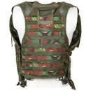 Original Dutch military tactical vest with MOLLE woodland camouflage, adjustable webbing for customizable gear attachment.