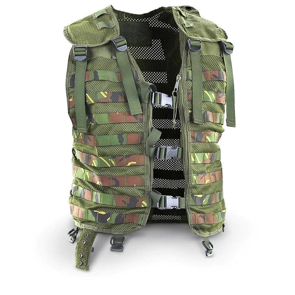 Original Dutch military tactical vest with MOLLE system in woodland camouflage for versatile gear attachment