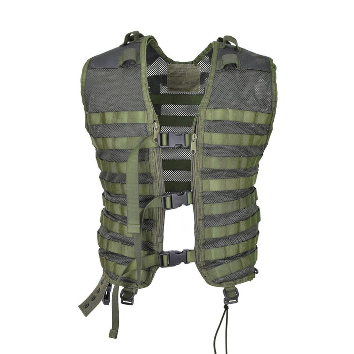 Chaleco táctico MOLLE verde del ejército holandés original con hombros reforzados, correas ajustables y paneles de malla transpirable.