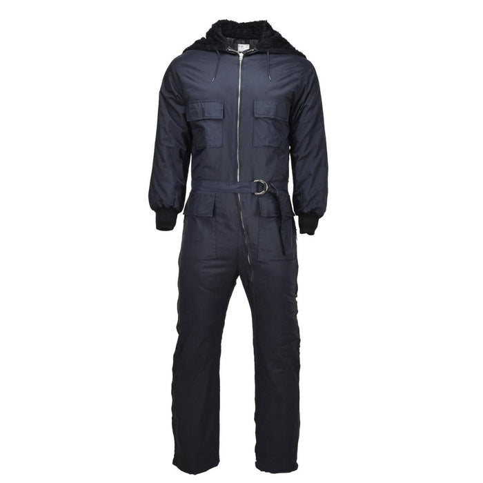 Mono de invierno militar holandés original en negro con capucha de piel sintética, múltiples bolsillos, puños ajustables y hebilla de cinturón.