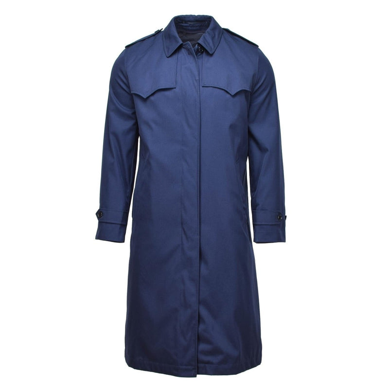 Original Dutch Military women's long blue trench coat with quilted liner, water-resistant and warm for cold weather
