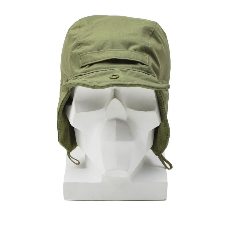Original Dutch paratrooper hat with ear flaps, brim, windproof olive design, made for cold weather protection.