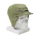 Original Dutch paratrooper windproof ranger cap with ear flaps and brim in olive green for cold weather.