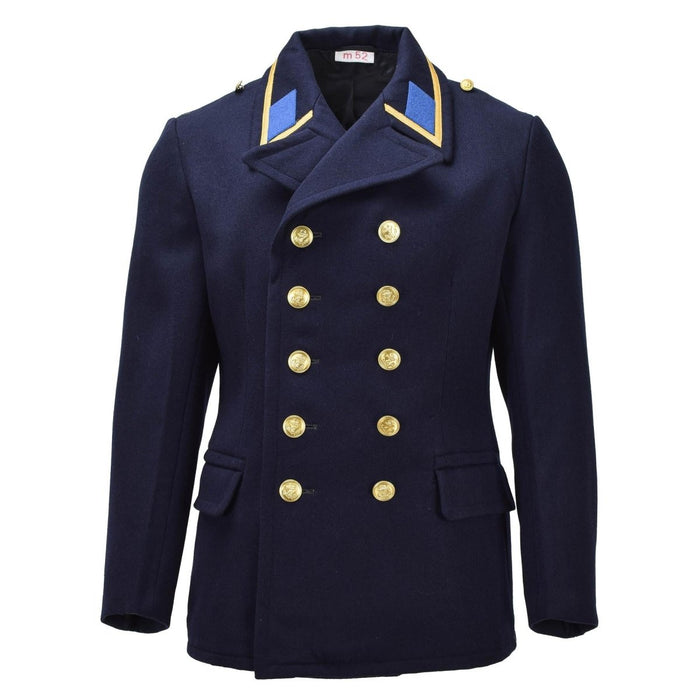 Abrigo militar original de Alemania Oriental VM con doble botonadura, color azul vintage - GoMilitar