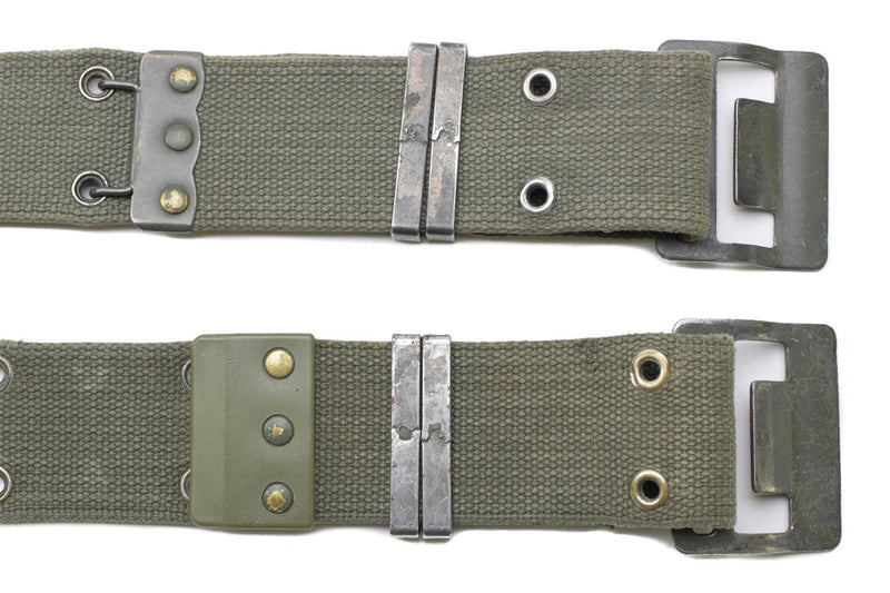 Original French Army Navy webbing belt in olive OD with metal buckle and quick release fastening details on white background