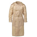 Original French military khaki waterproof raincoat with belt, shoulder epaulets, removable hood, and double-breasted buttons.