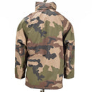 Back view of a French military waterproof trilaminate rain jacket in CCE camouflage pattern with reinforced elbows.