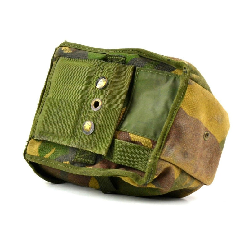 Original British Army woodland camo canteen pouch with button closure for carrying water bottle and mug outdoors