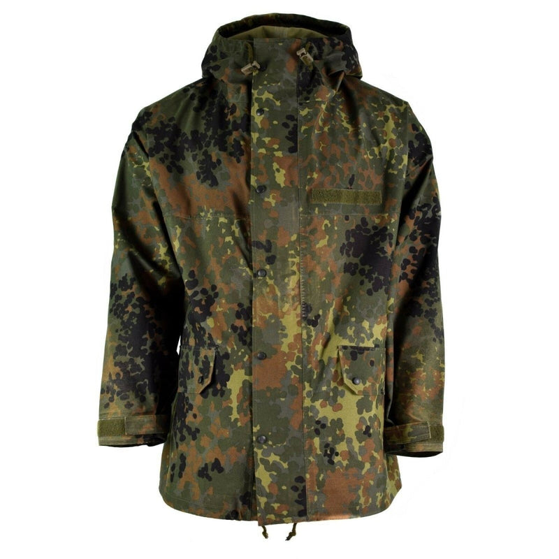 Original German army field jacket in flecktarn camouflage with waterproof GoreTex, hooded and windproof parka design.