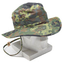 Original German Army Flecktarn camouflage boonie hat with wide brim and chin strap for outdoor and tactical use