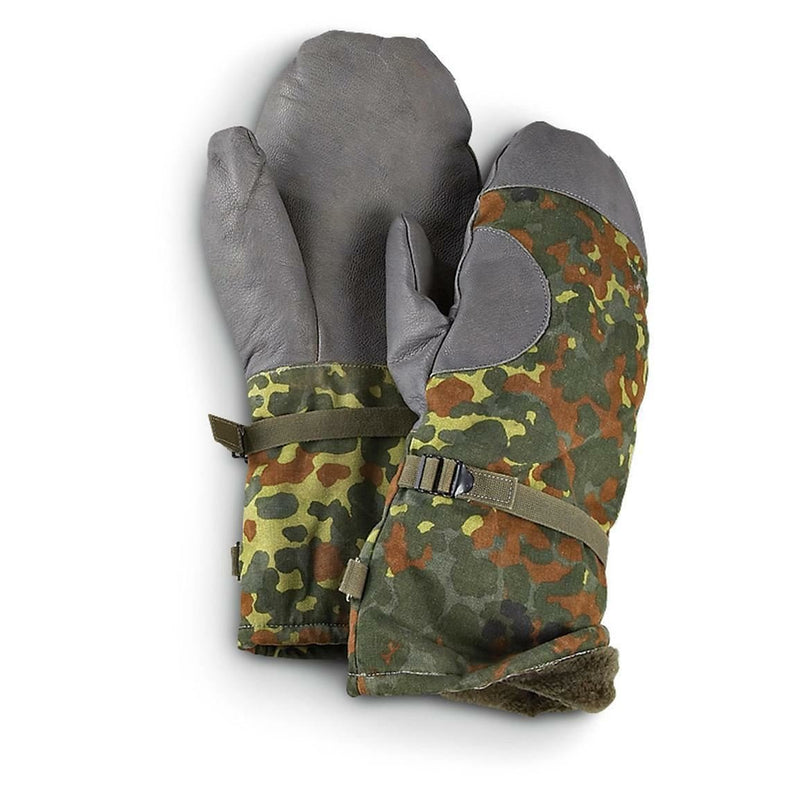 Original German army flecktarn camo mittens with leather grip, fleece lining, and adjustable wrist strap for cold weather protection.