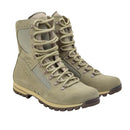 Pair of lightweight khaki German army leather boots with antistatic, oil-resistant soles and quick lacing system.