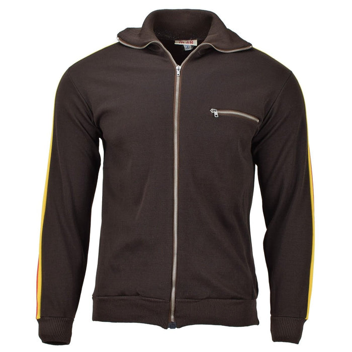 Brown Original German army NVA sports jacket with full zip, striped sleeves, and elasticated cuffs and waist.